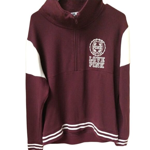 PINK VICTORIA SECRET oversized maroon & white 1/2 zip up pullover Sweatshirt - Picture 9 of 15